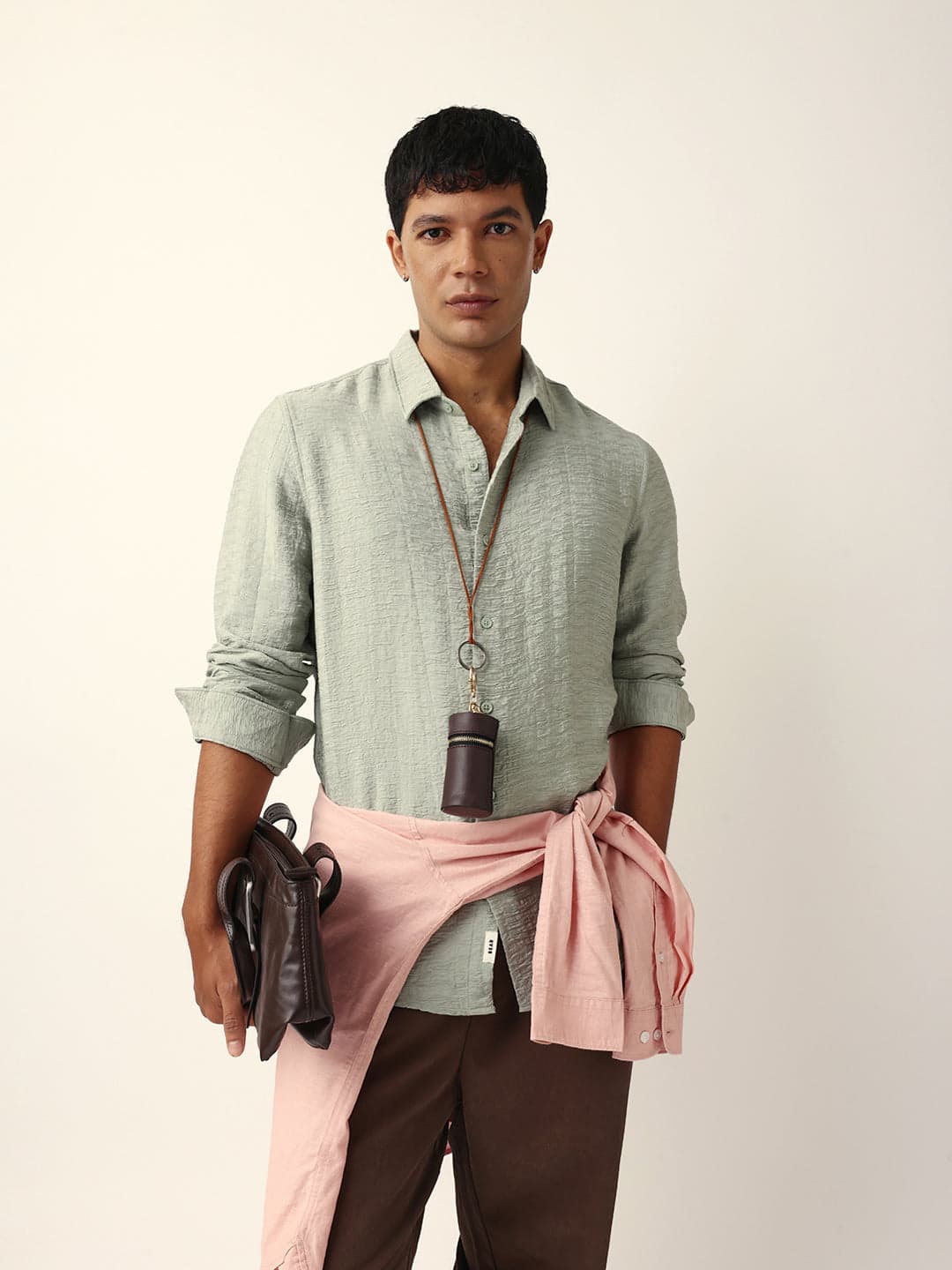 Men's Light Green Crinkle Textured Slim Fit Casual Shirt