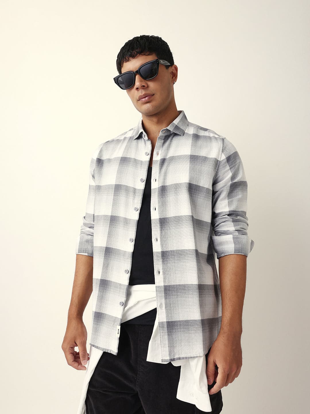 Men's Grey with White Woven Checkered Slim Fit Casual Shirt