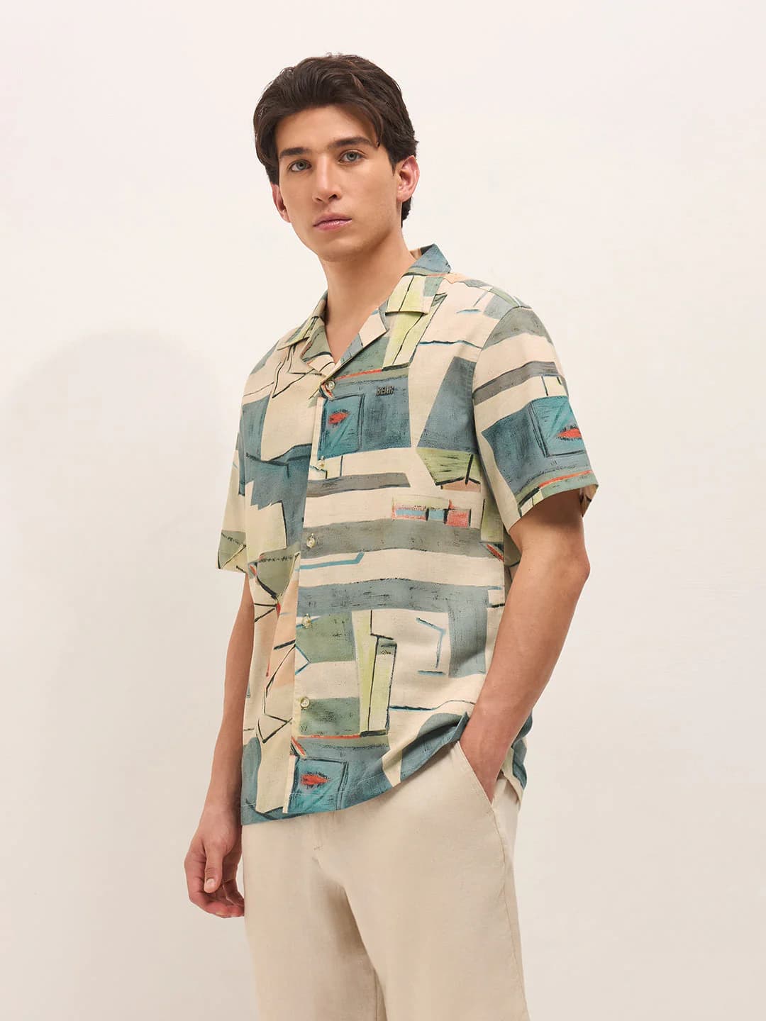Men's Multicolor Relaxed Fit Cuban Collar Shirt with Abstract Geometric Print