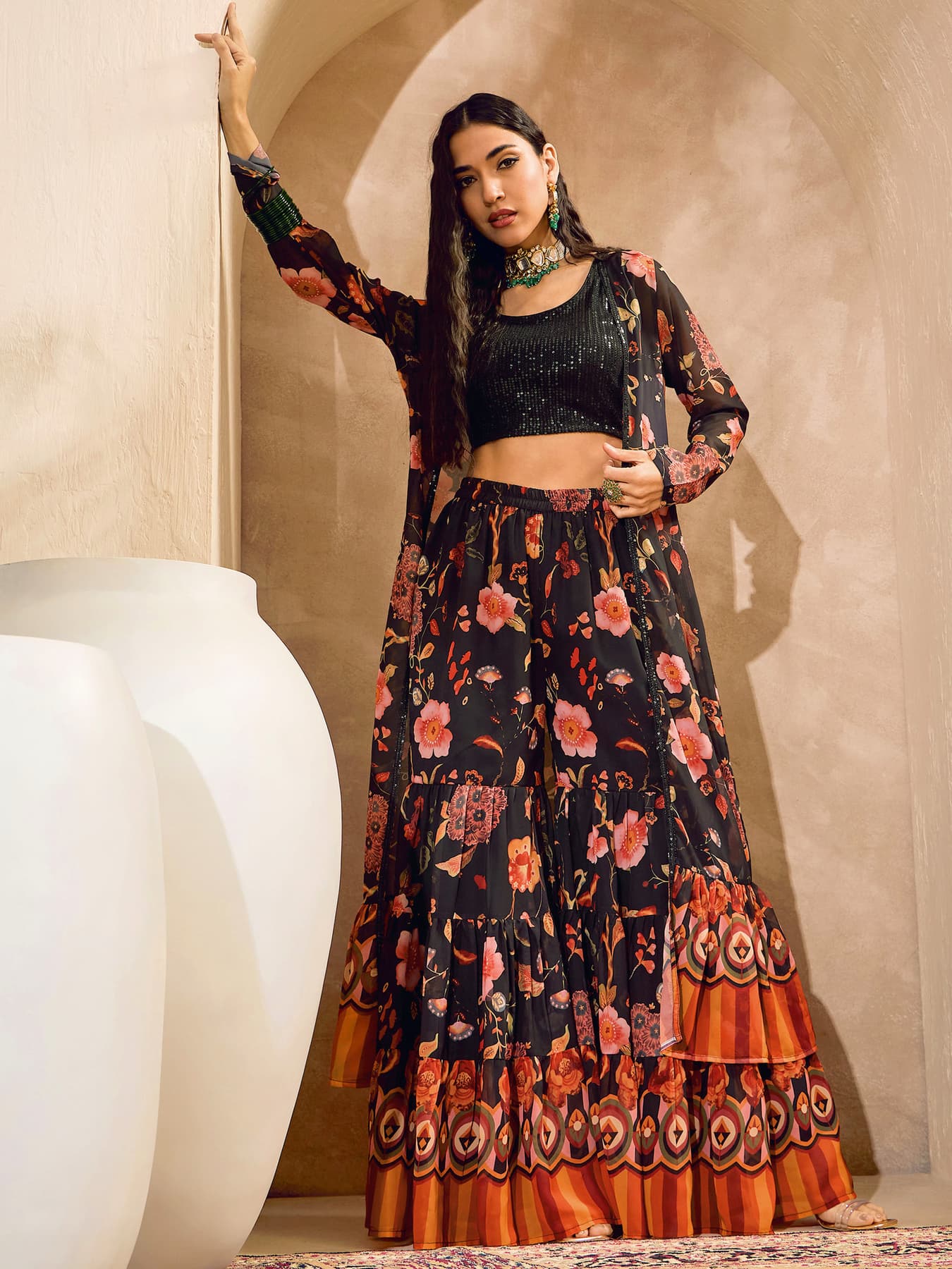 Women's Black Festive Sequins Crop Top With Floral Sharara & Shrug