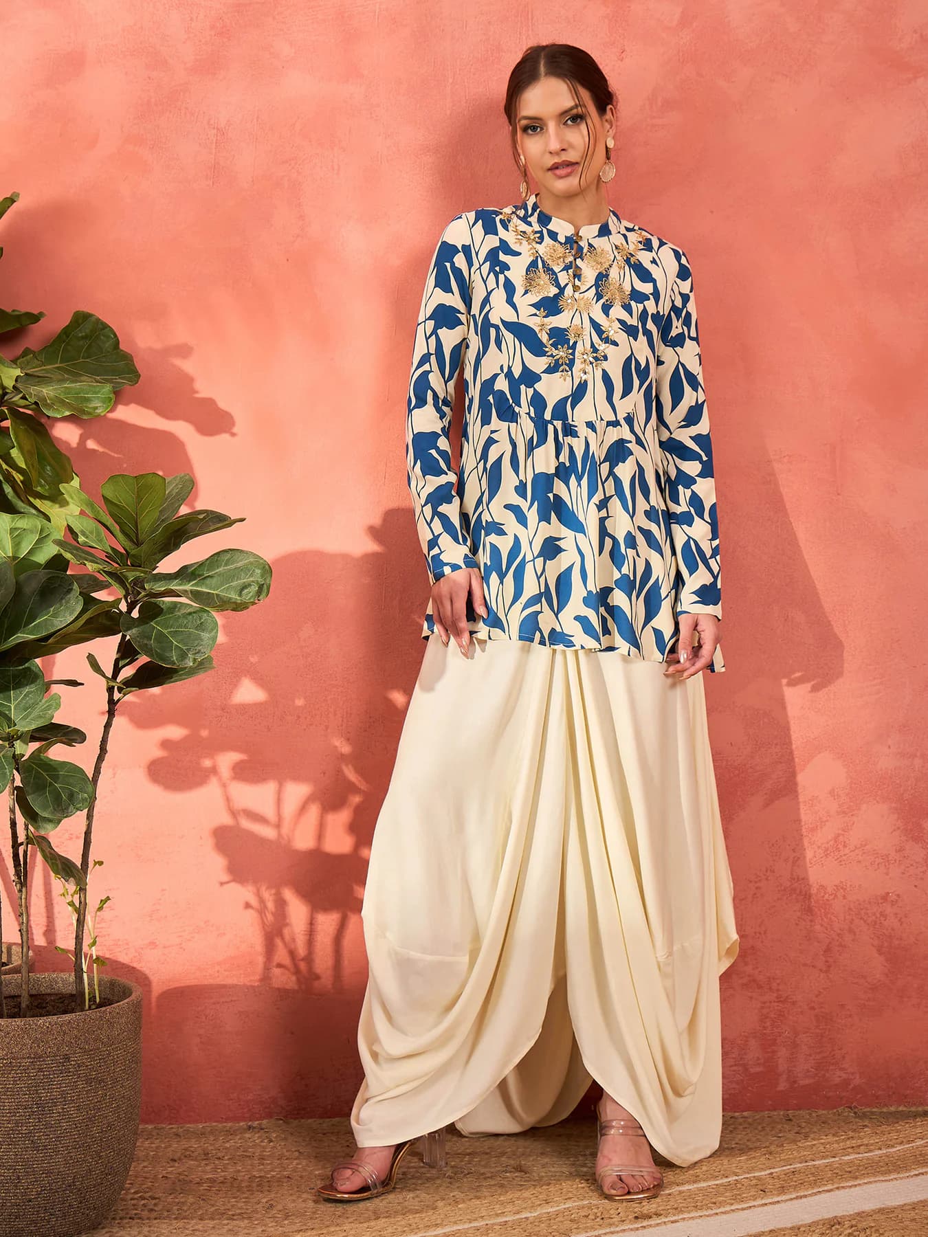 Women's Multicolor Casual Floral Embroidered Rayon Peplum Top With Solid Dhoti Skirt