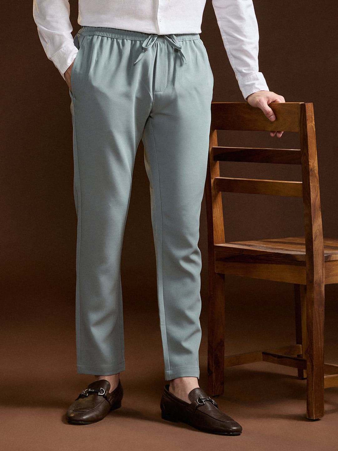 Men's Light Green Slim Fit Formal Trouser with Elastic Waistband