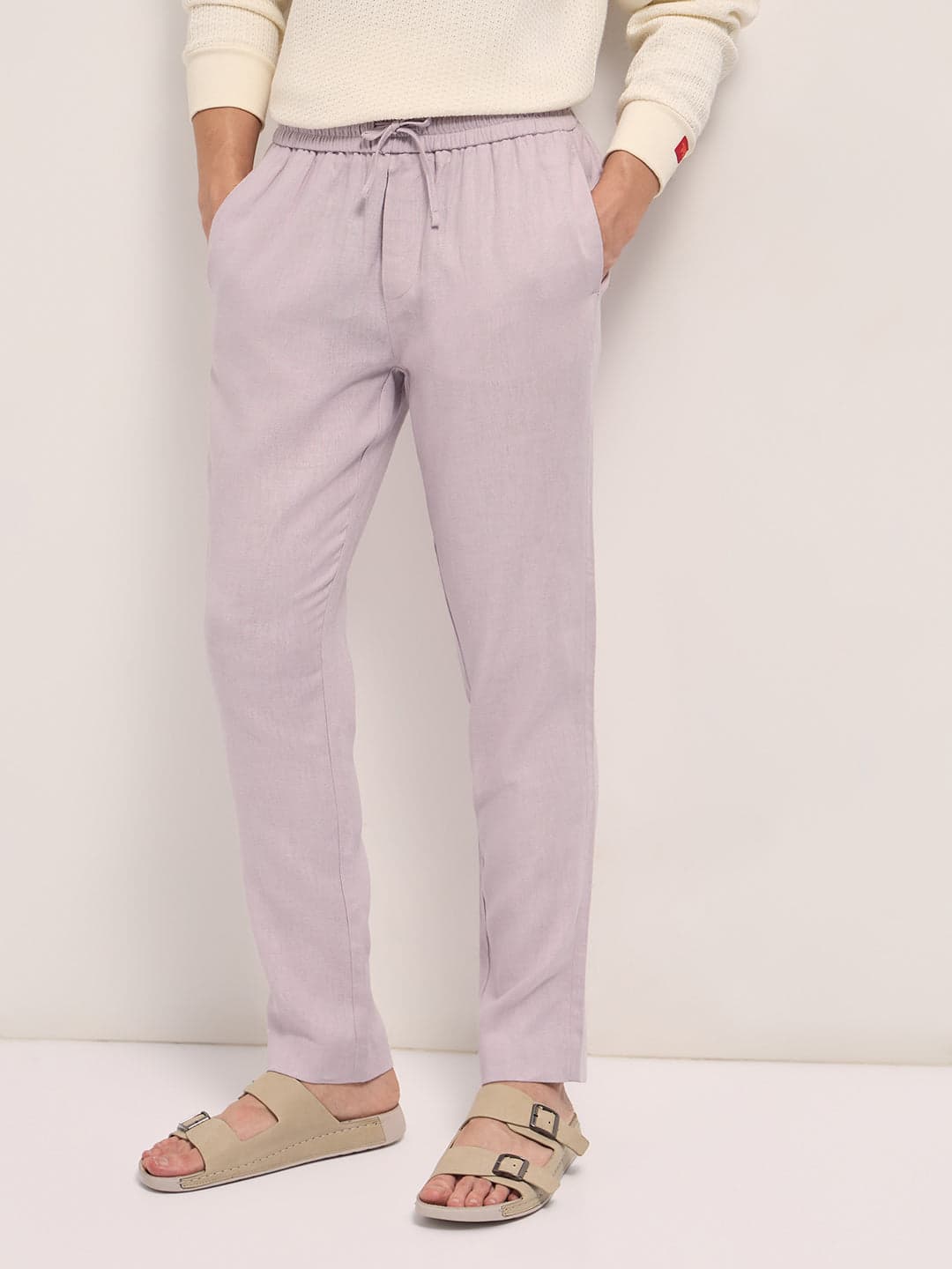 Men's Pink Solid Linen Blend Slim Fit Formal Trousers with Elastic Waistband
