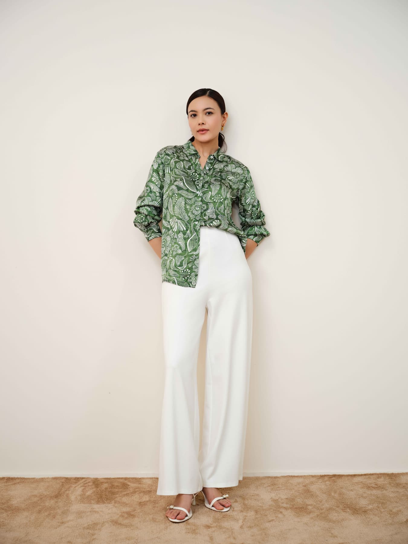 Women's Green Casual Modal Spread Collar Long Sleeves Printed Shirt