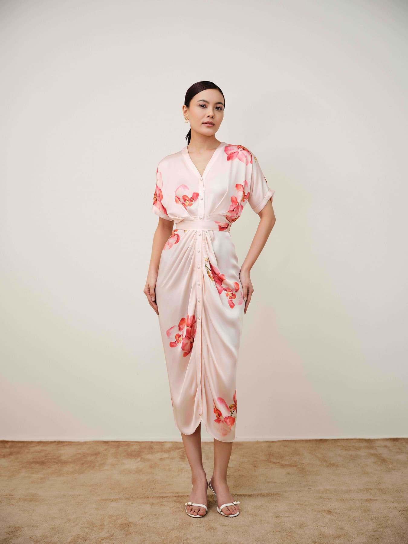 Women's Pink Party Modal Party Fit and Flare V-Neck Printed Dress