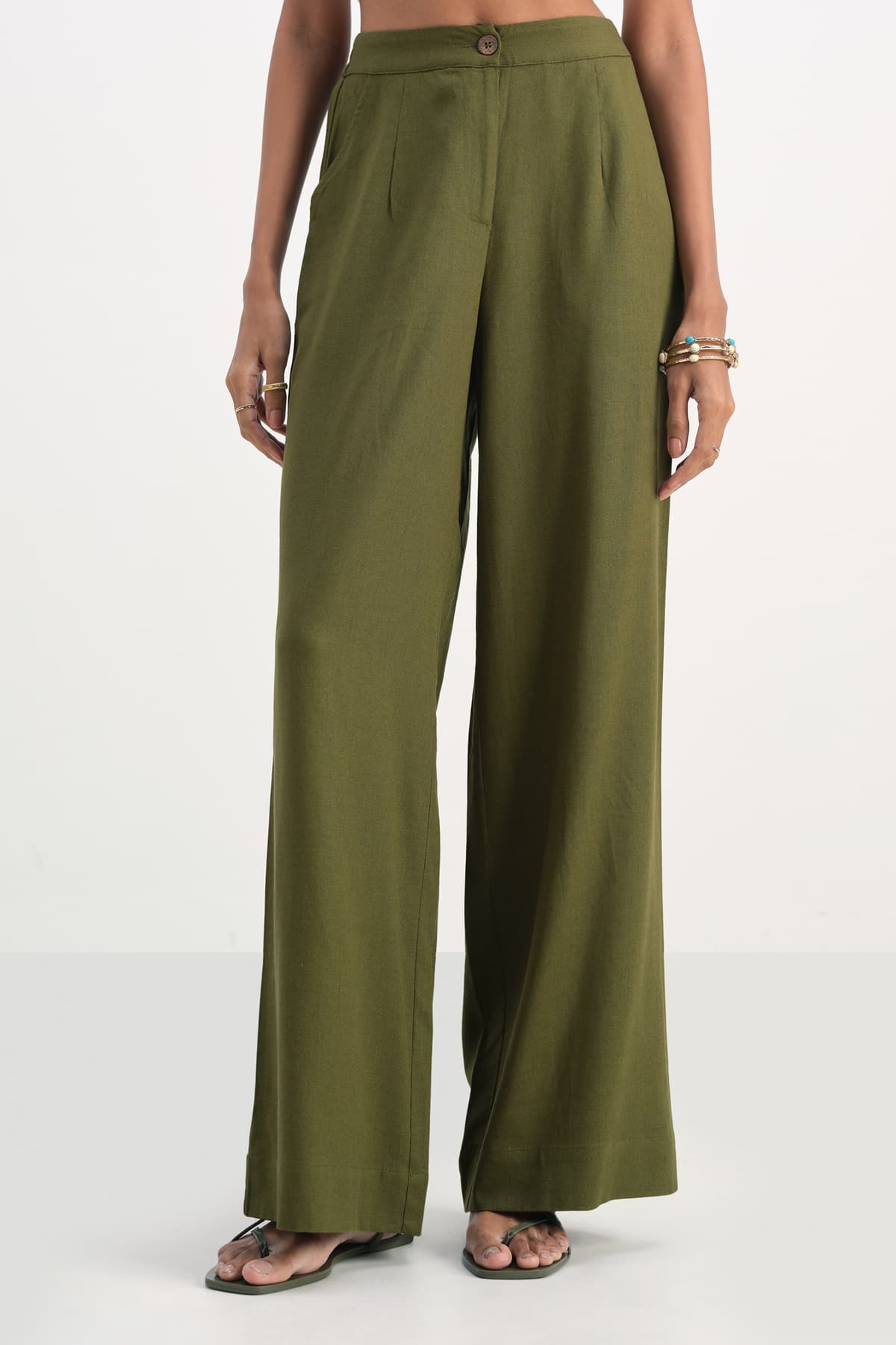 Women's Green Formal Solid Mid Rise Trouser