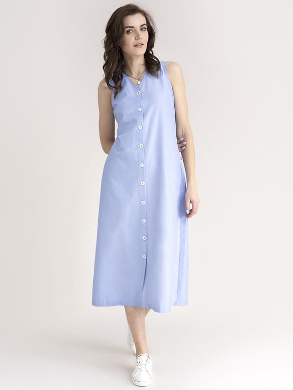 Women's Blue Casual Shirt Midi Dress