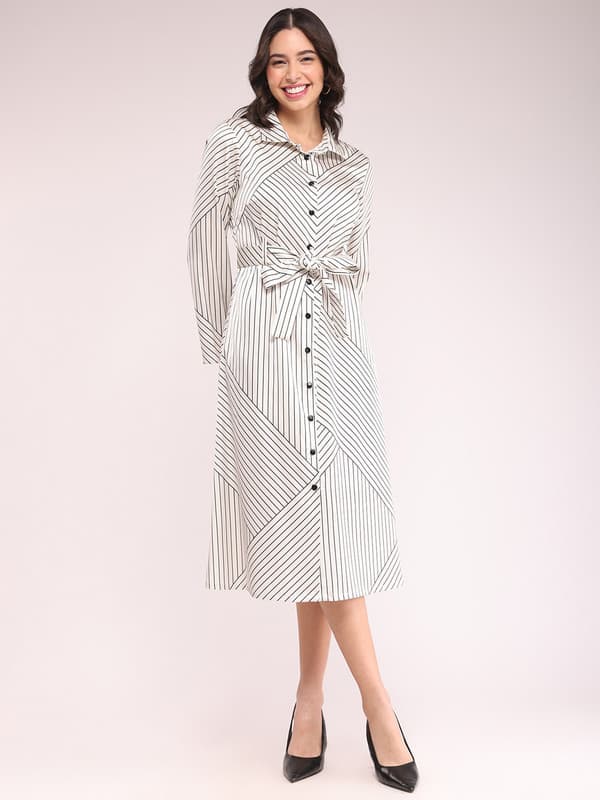 Women's White Casual Striped Tie Ups Shirt Midi Women Dress with Belt