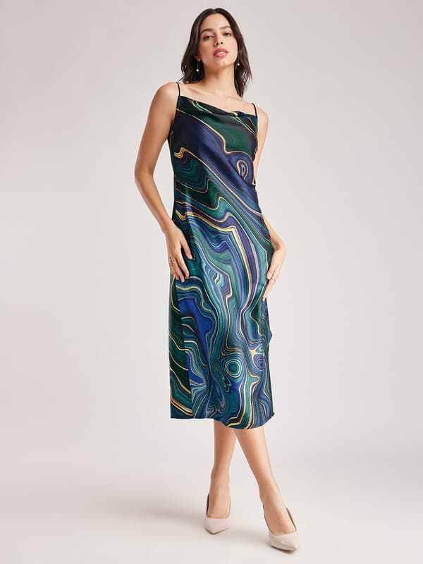 Women's Navy Casual Abstract Printed Square Neck Satin Women Dress