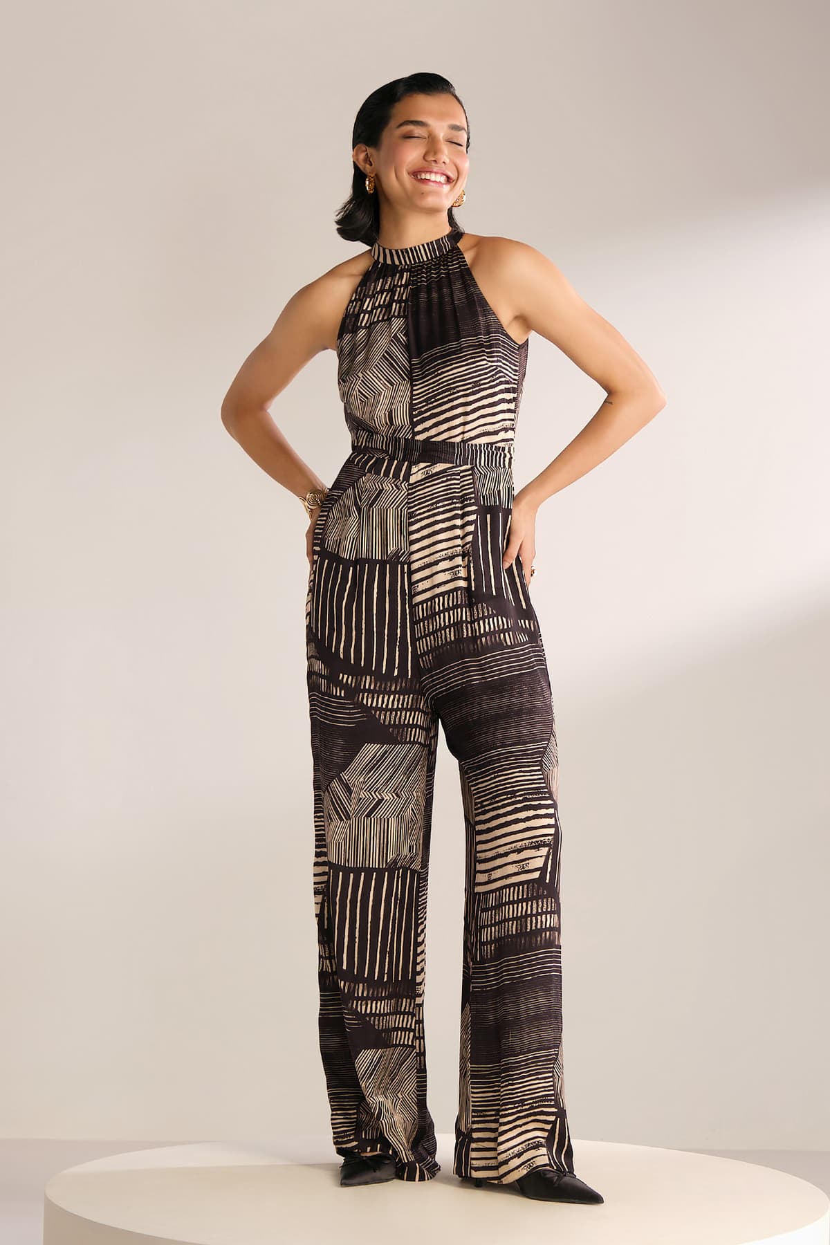 Women's Multicolor Casual Abstract Halter Neck Sleeveless Jumpsuit