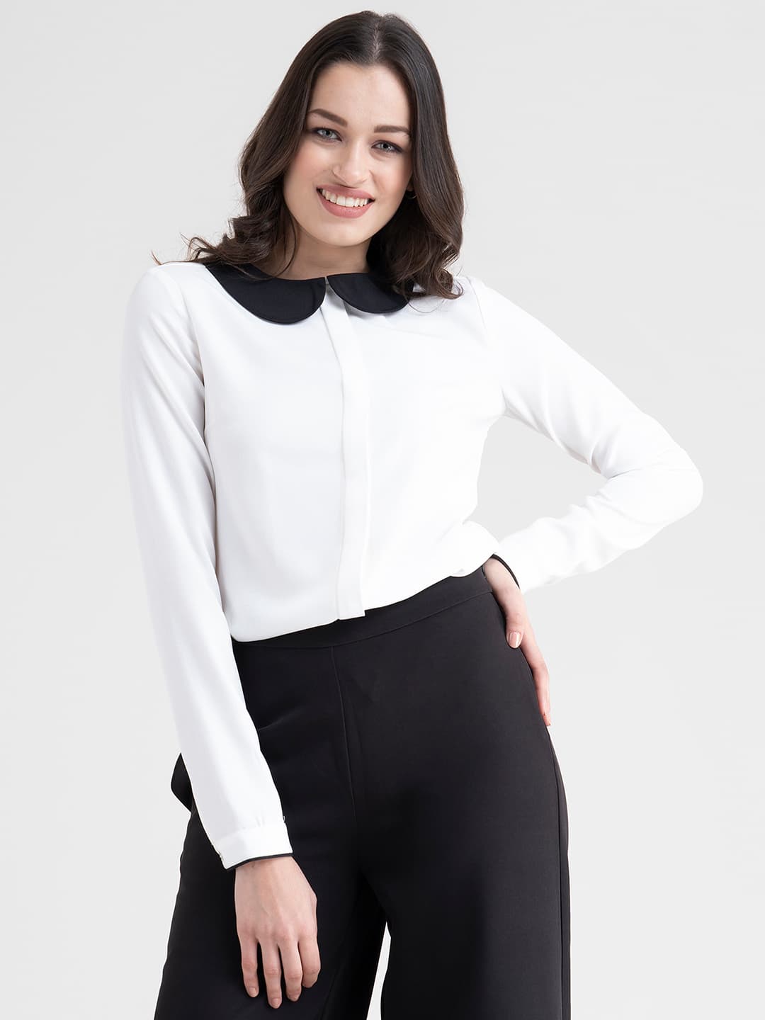 Women's White and Black Formal Comfort Peter Pan Collared Shirt