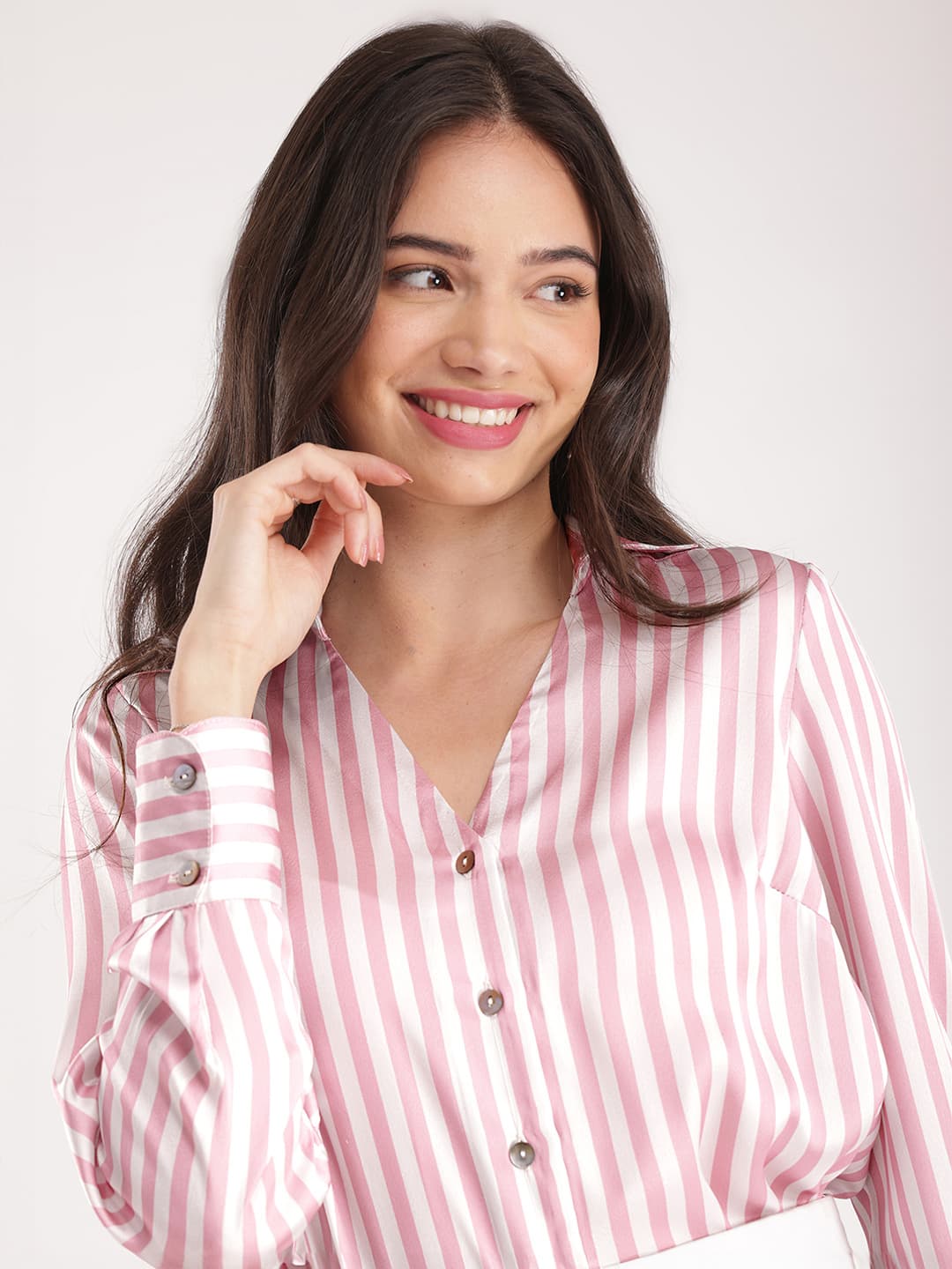 Women's Pink Casual Satin Stripes Shirt