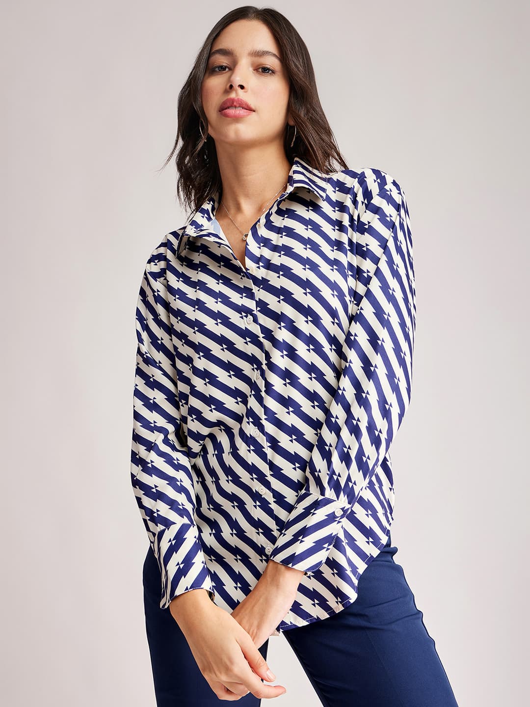 Women's Blue and White Casual Geometric Print Shirt