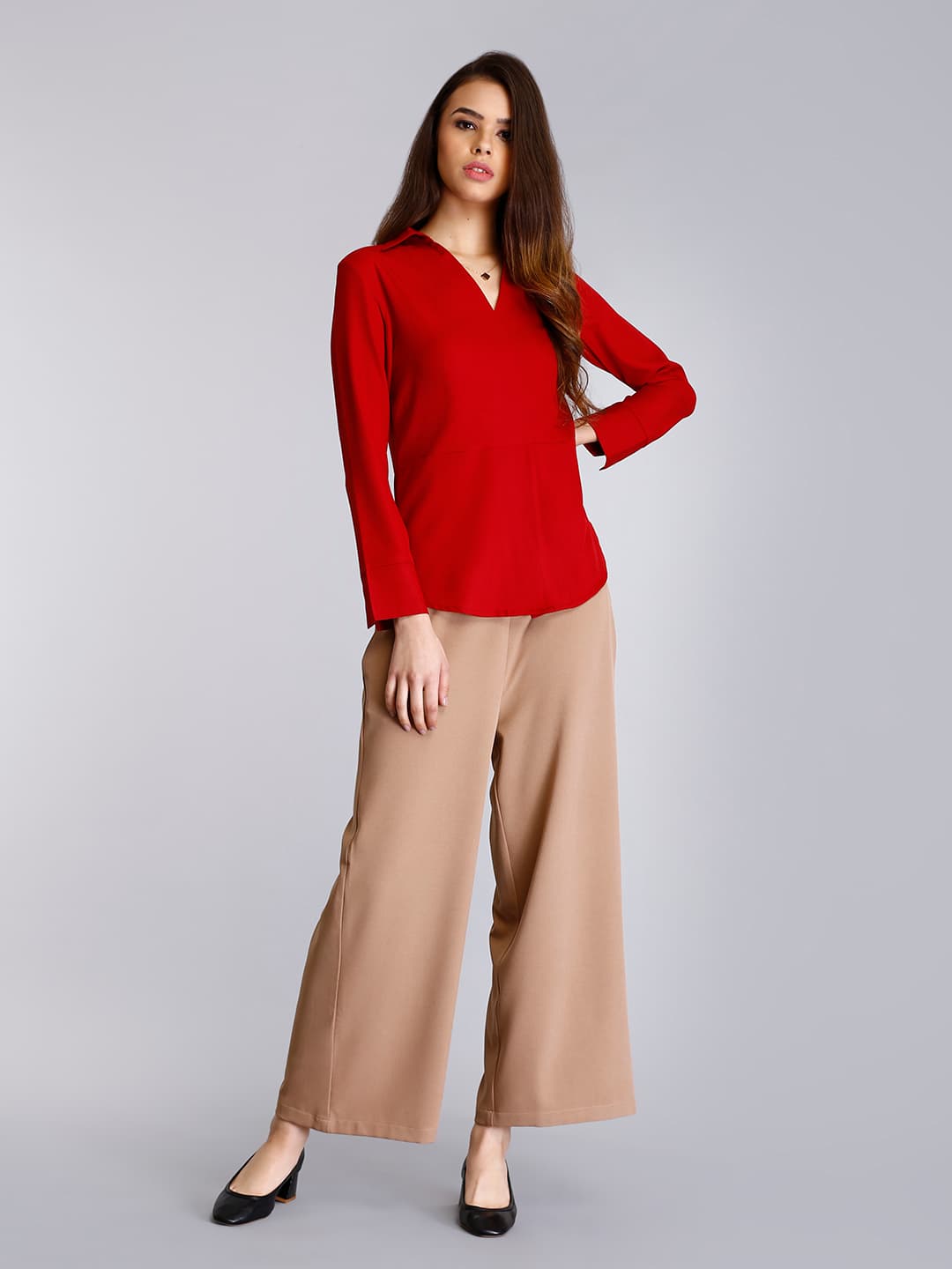 Women's Red Formal Pleated Shirt Collar Top