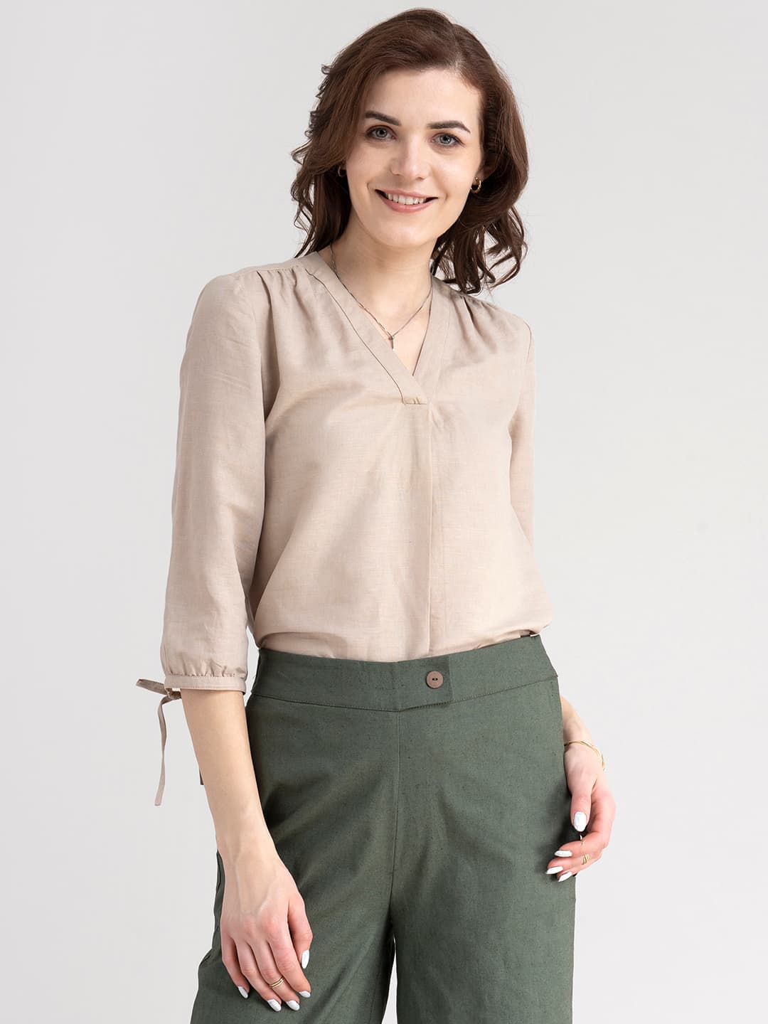 Women's Beige Formal Linen Tie Up Sleeve Top