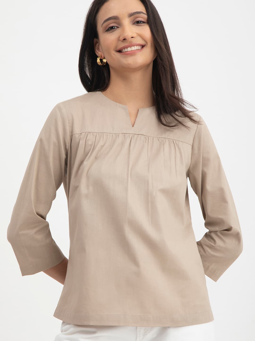 Women's Beige Casual Notched Neck Gathered or Pleated Linen Top