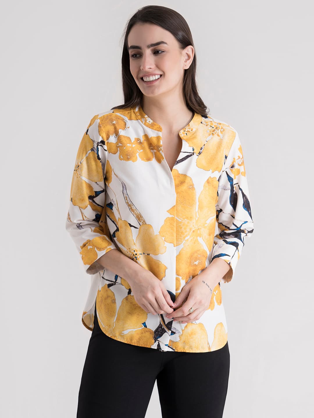 Women's Yellow Floral Mandarin Collar Regular Top