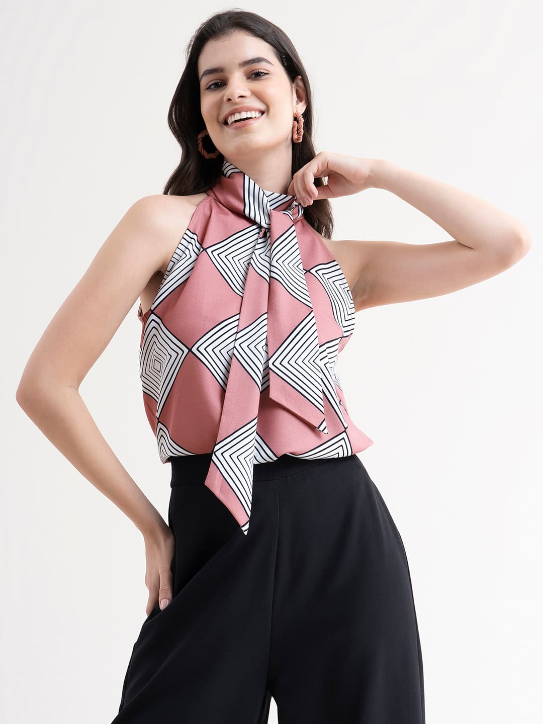 Women's Pink Geometric Striped Tie-Up Neck Shirt Style Top