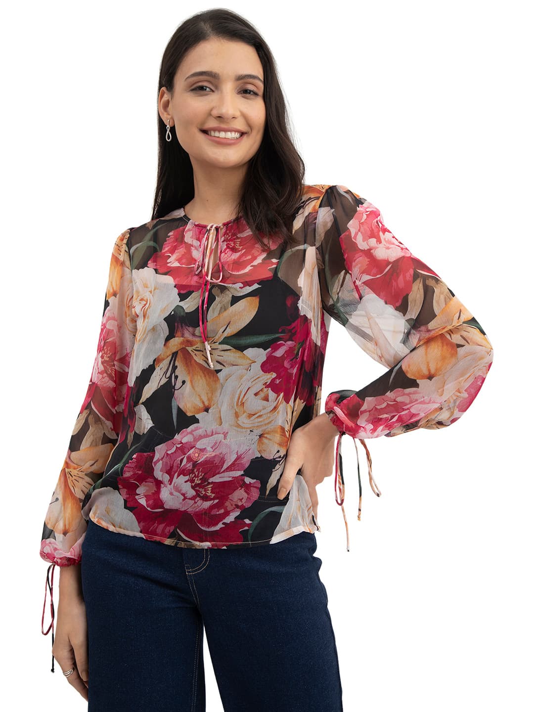 Women's Multicolor Floral Print Tie-Up Neck Top