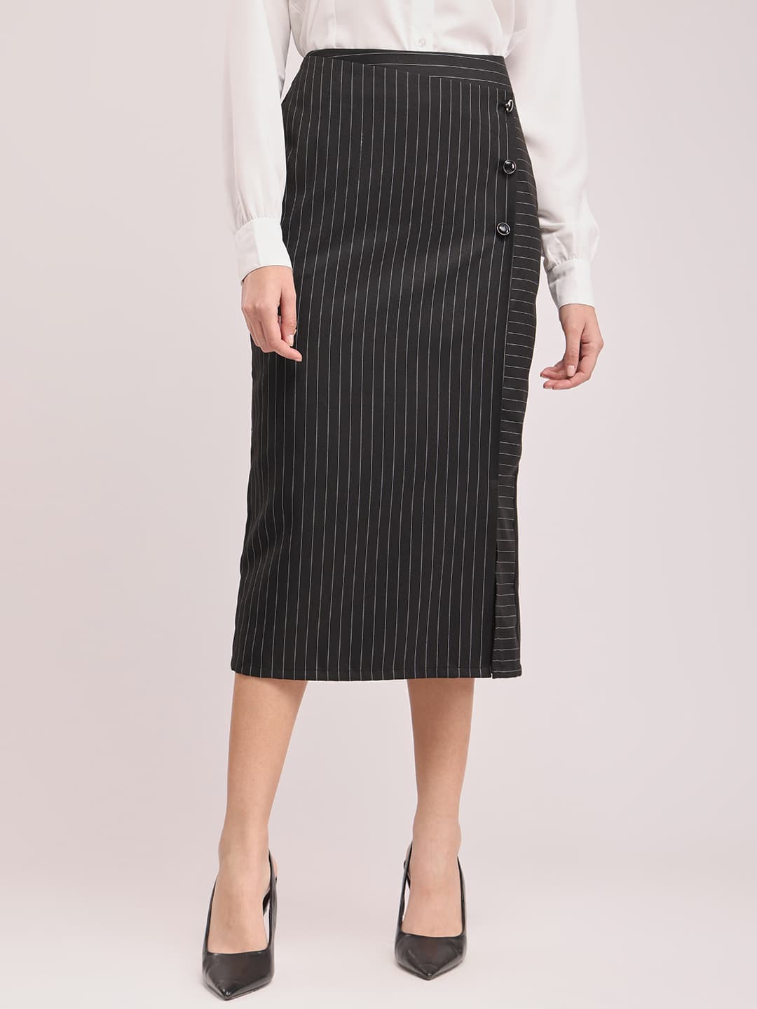 Women's Black Striped Straight Midi Formal Skirt