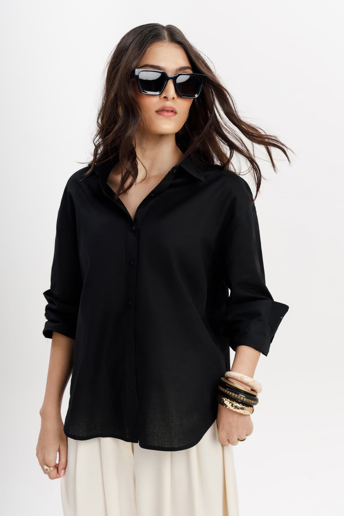 Women's Black Casual Solid Full Sleeves Regular Fit Shirt