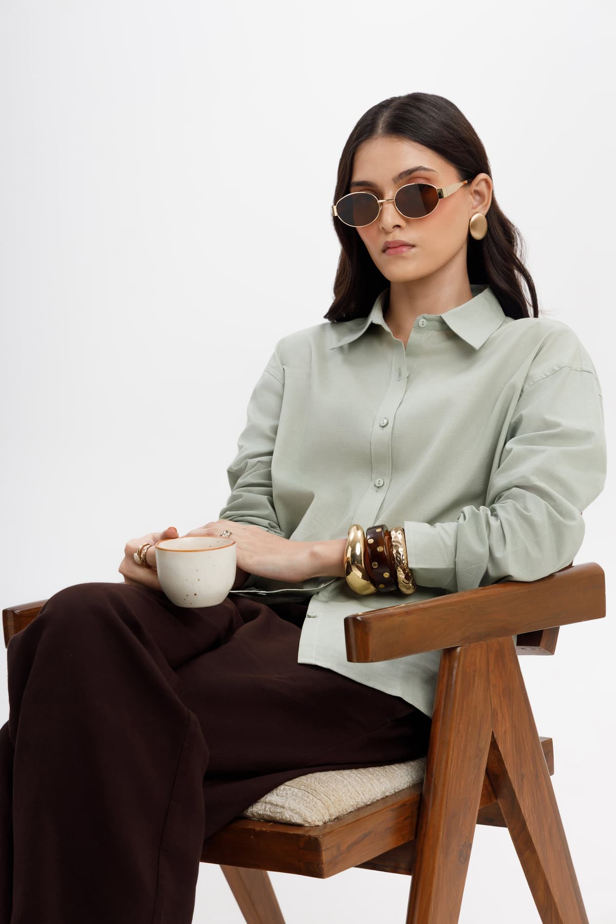 Women's Green Casual Solid Full Sleeves Regular Fit Linen Shirt