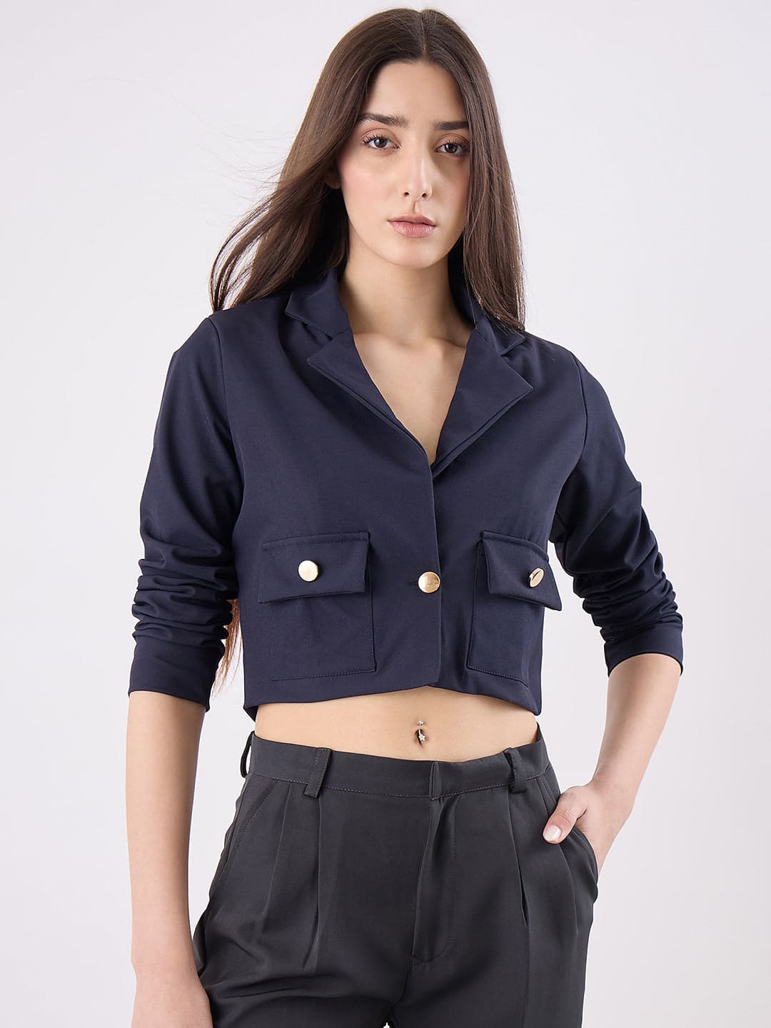 Women's Navy Casual Solid Full Sleeves Regular Fit Top