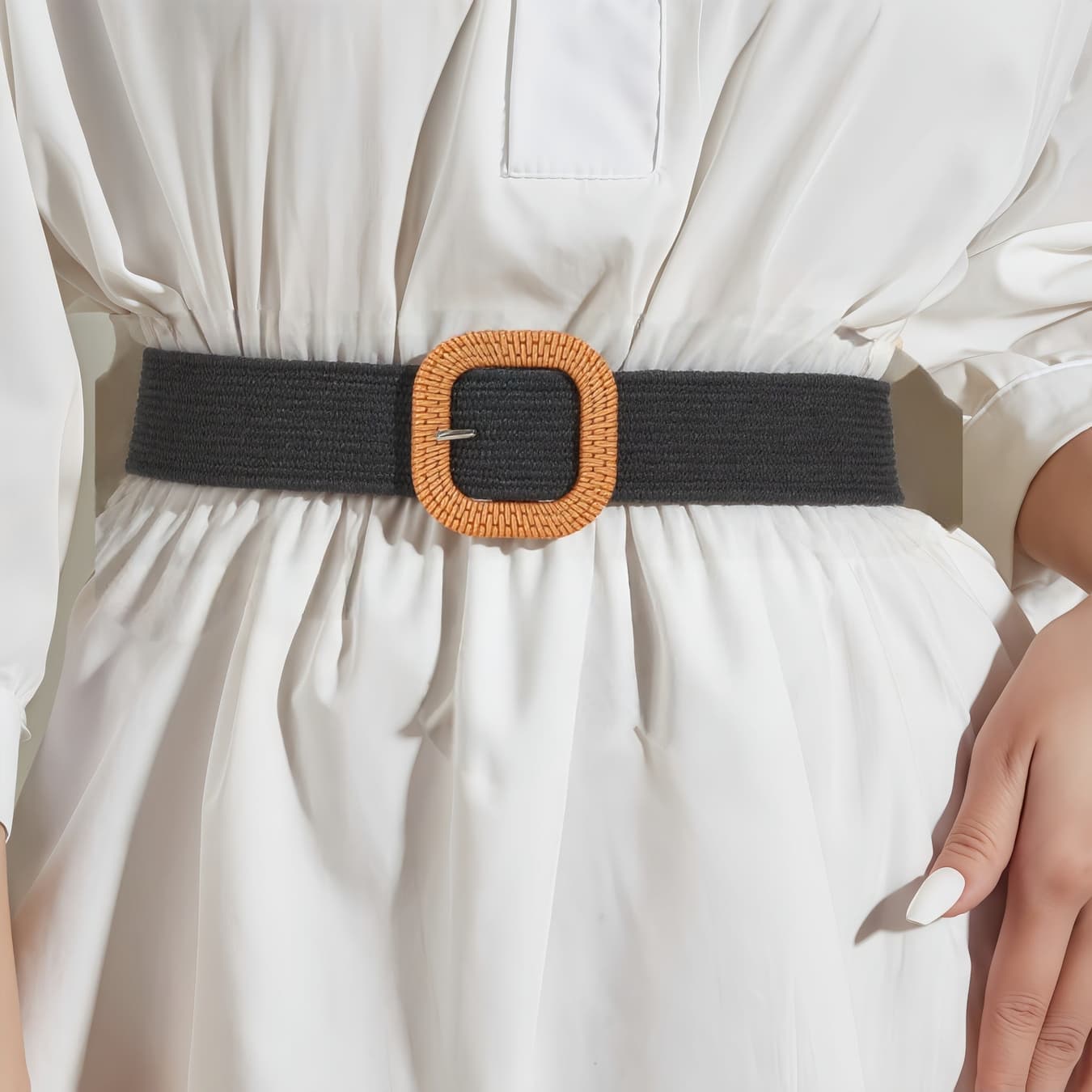 Women's Black Truffle Drizzle Woven Straw Belt