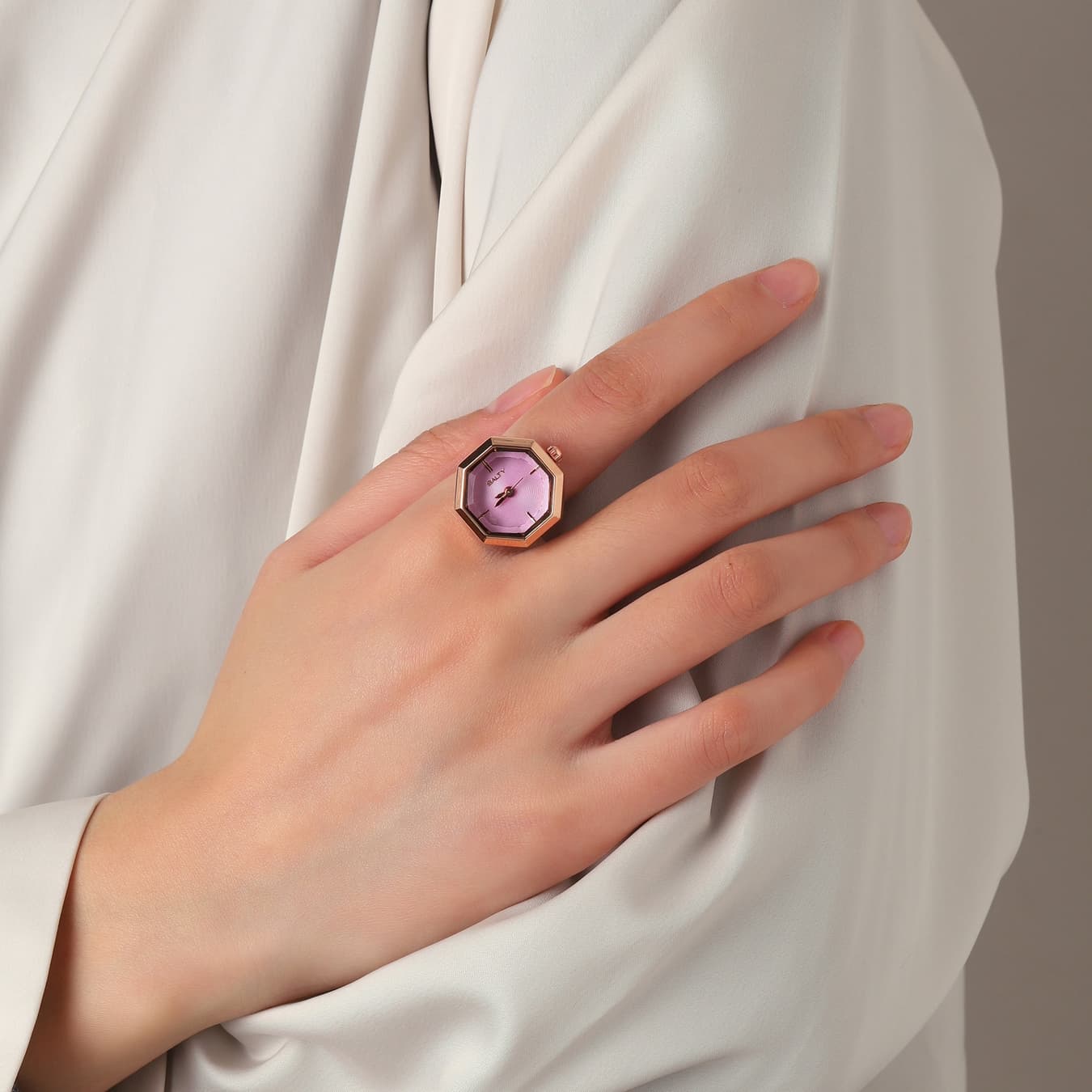 Women's Pink Octagonal Stainless Steel Quartz Watch Ring
