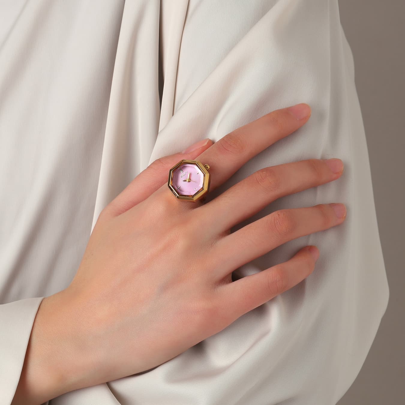 Women's Pink Octagonal Stainless Steel Quartz Watch Ring