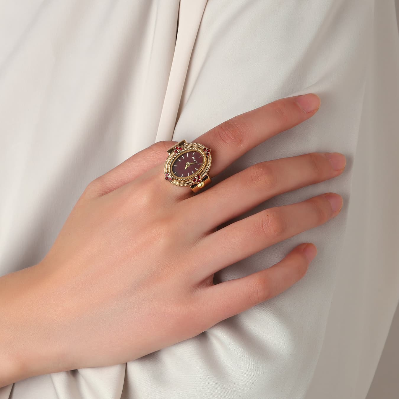 Women's Red Oval Stainless Steel Quartz Watch Ring