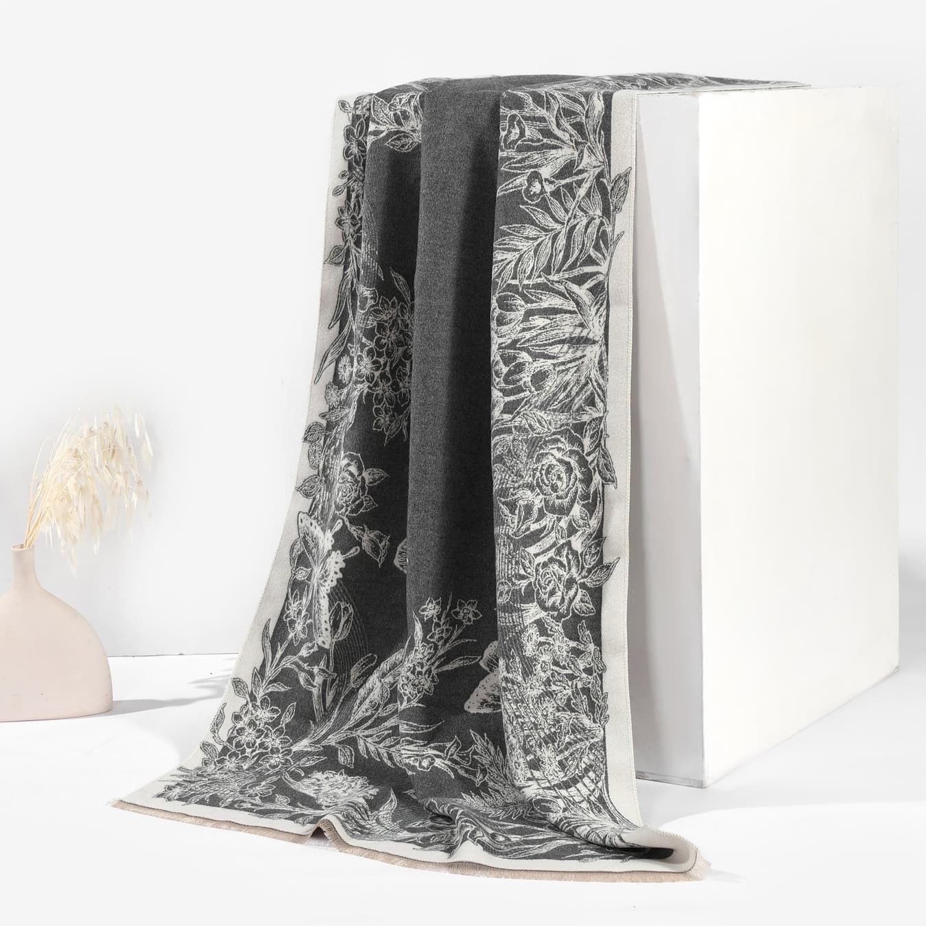 Women's Grey Casual BloomWave Rose Print Shawl