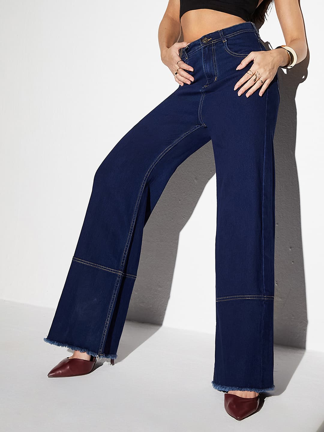 Women's Blue Casual Solid Wide Leg Jeans