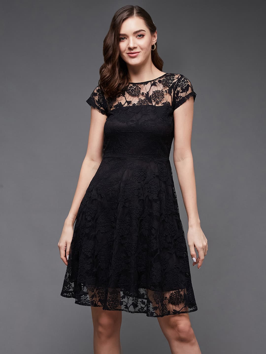 Women's Black Party Half Sleeves Self-Design Fit & Flared Dress