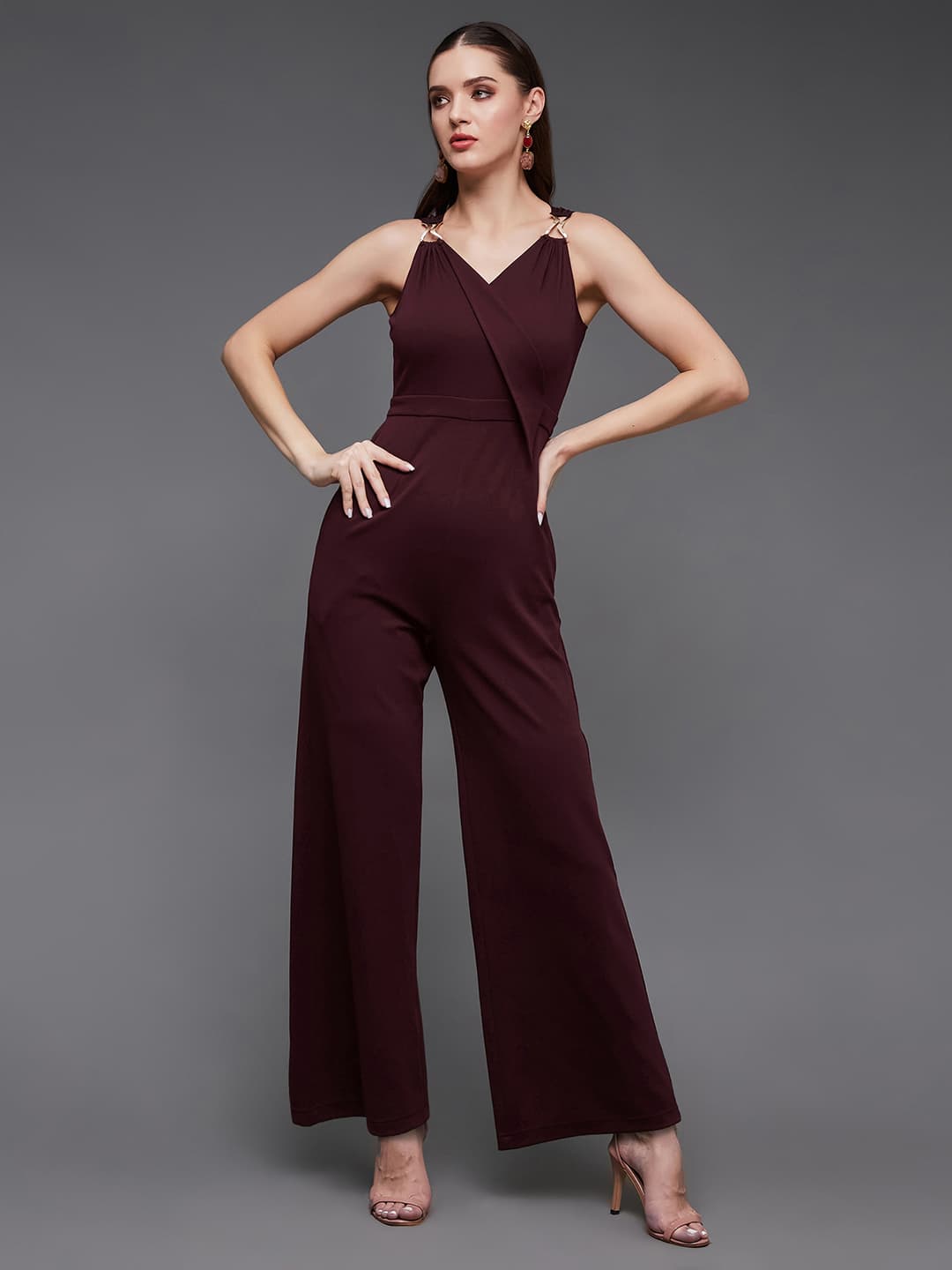 Women's Red Party Sleeveless Solid Regular Fit Jumpsuit
