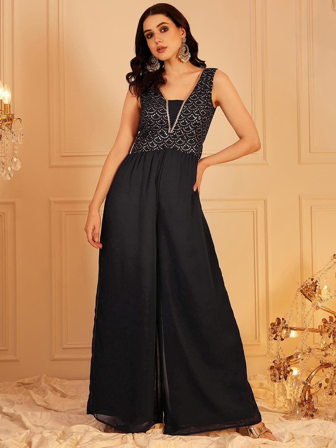 Women's Navy Casual Embellished V-Neck Dress