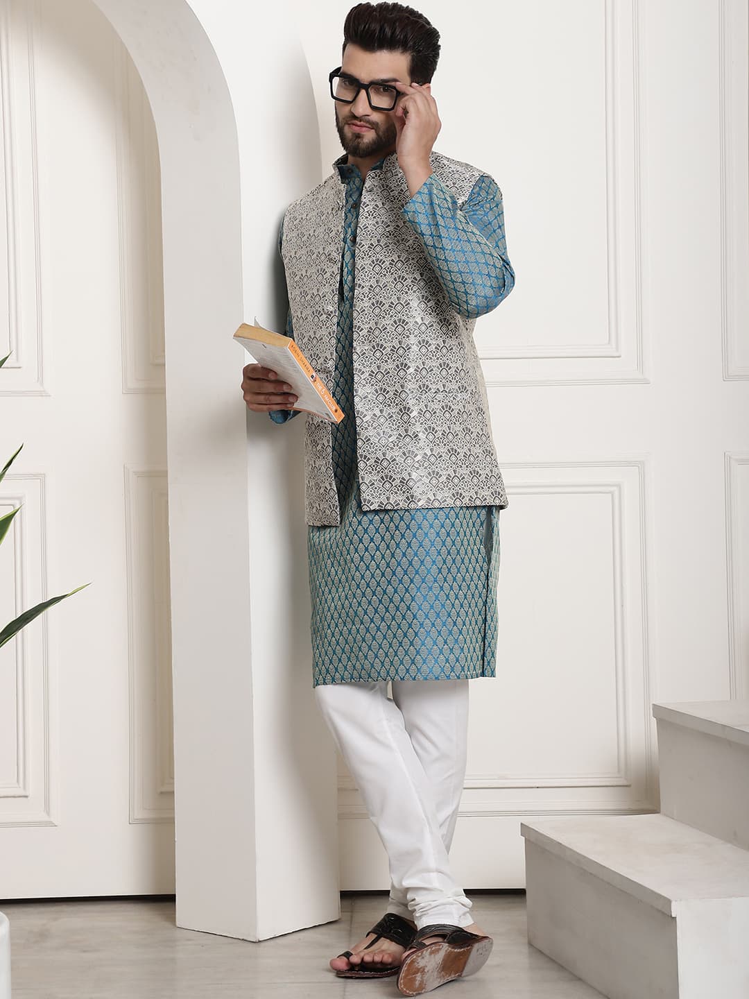 Men's Peacock Blue Woven Design Silk Blend Kurta With Pyjama & Grey Nehru Jacket