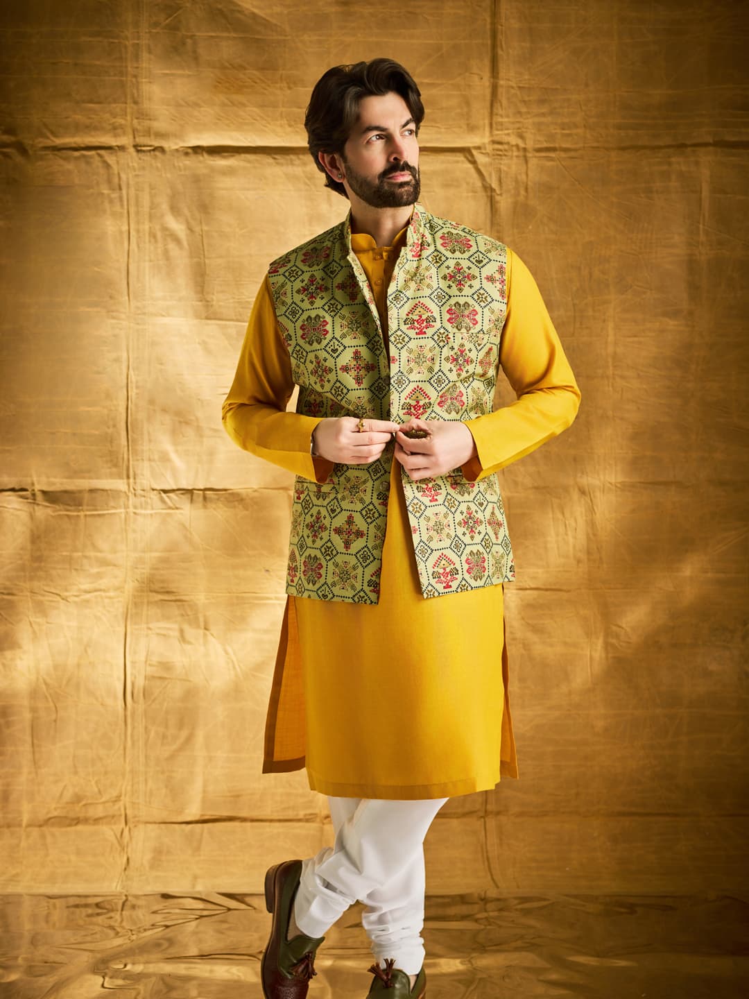 Men's Cotton Blend Yellow Kurta & White Churidar Pyjama with Yellow Nehrujacket