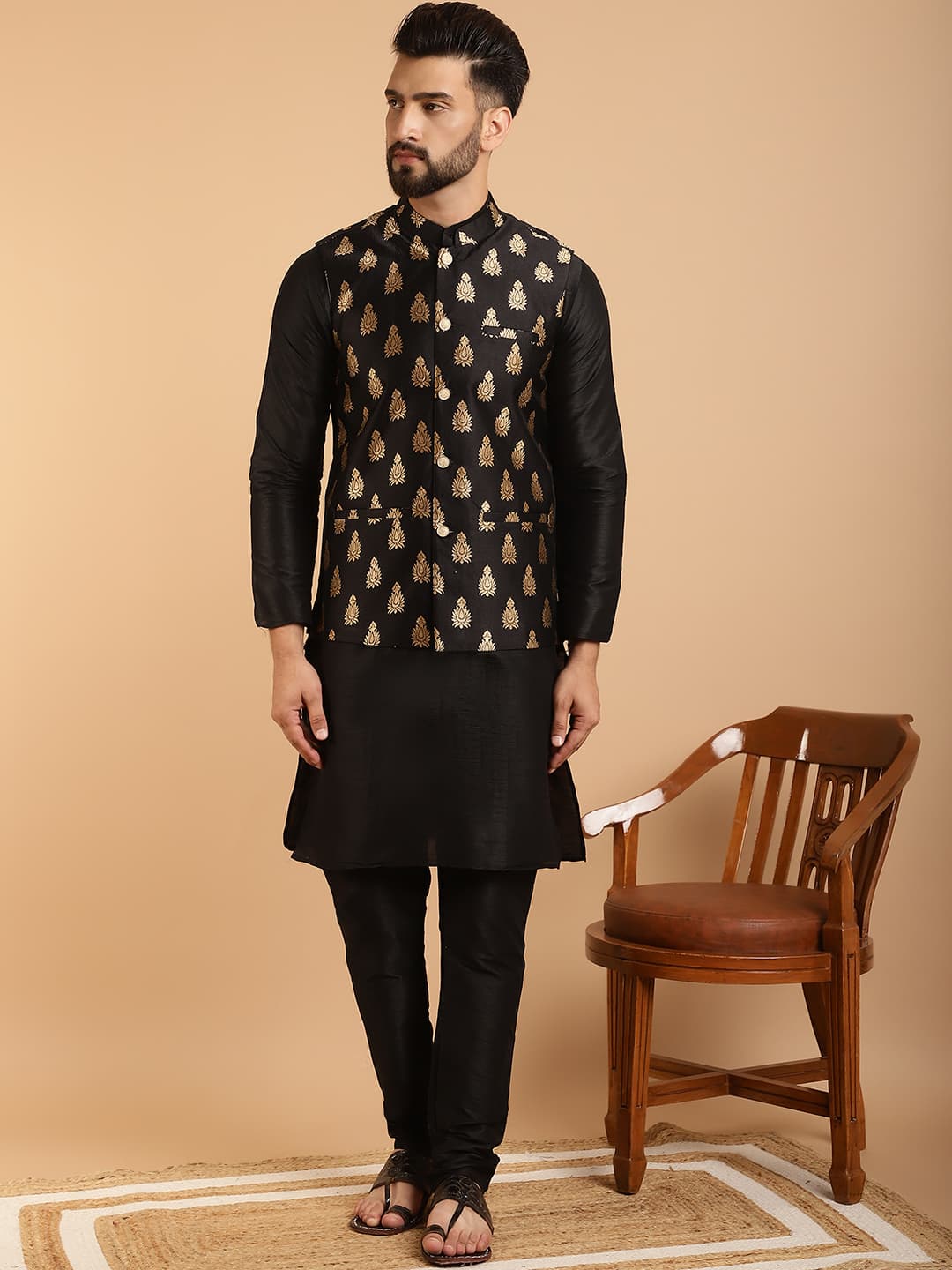 Men's Silk Blend Black Kurta Pyjama with Black Nehru Jacket