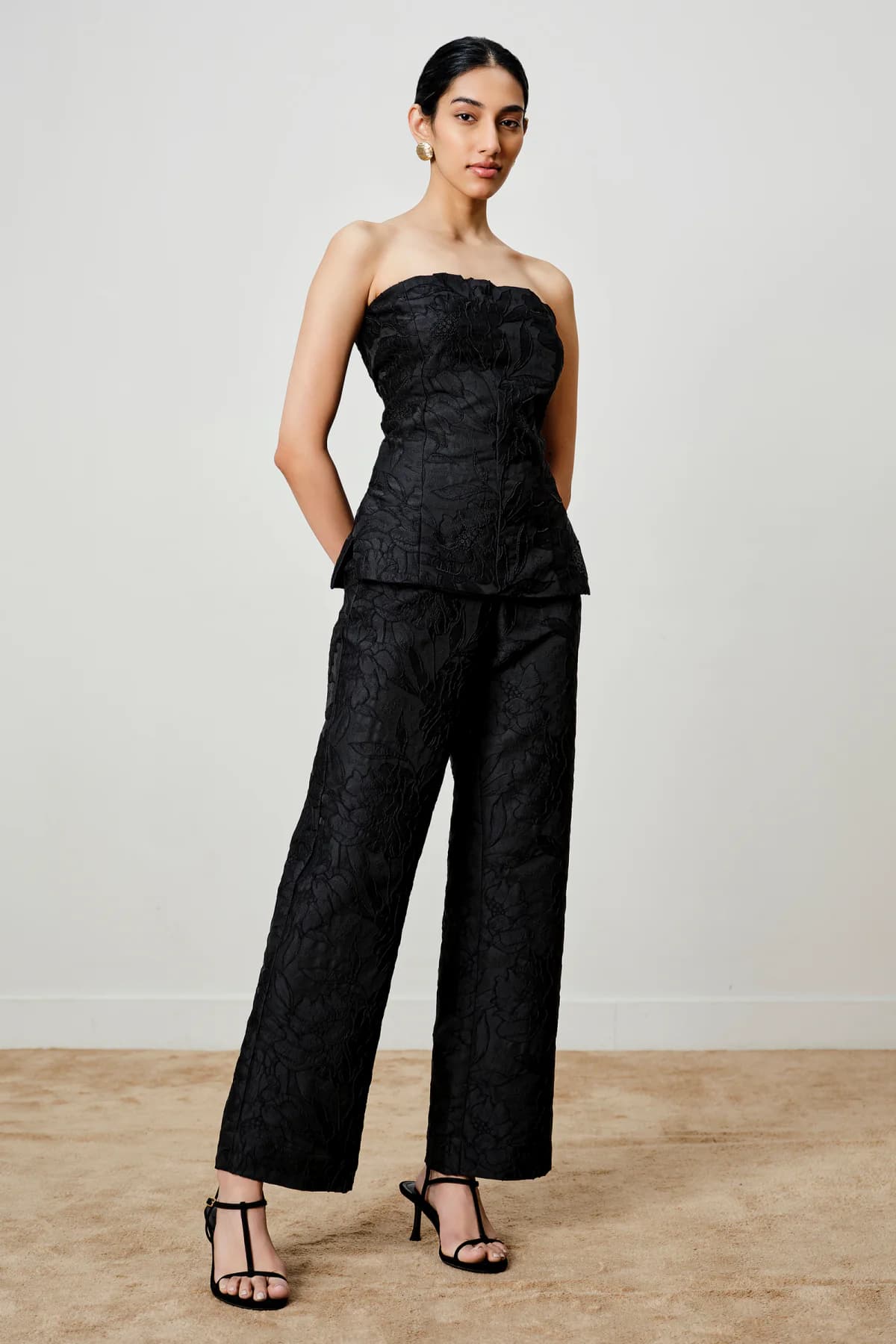Women's Black Casual Off Shoulder Embroidered Top with Trouser