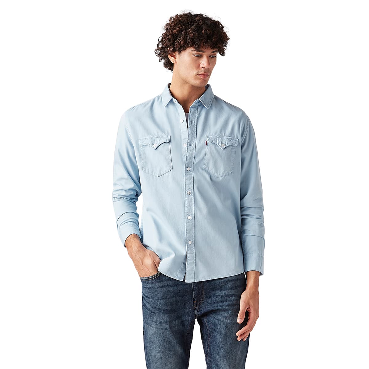 Men's Blue Casual Solid Spread Collar Shirt