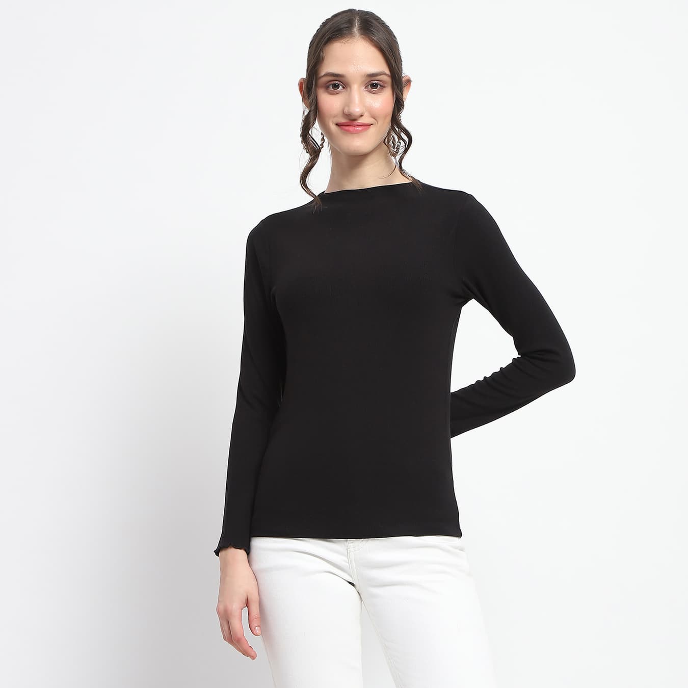 Women's Black Casual High Neck Full Sleeve Solid Top