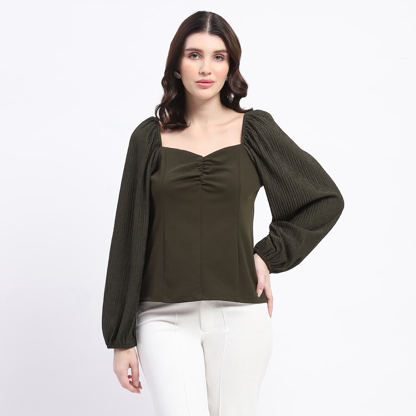 Women's Green Casual Sweetheart Neck Elasticated Rush Detailed Solid Knitmoss Top