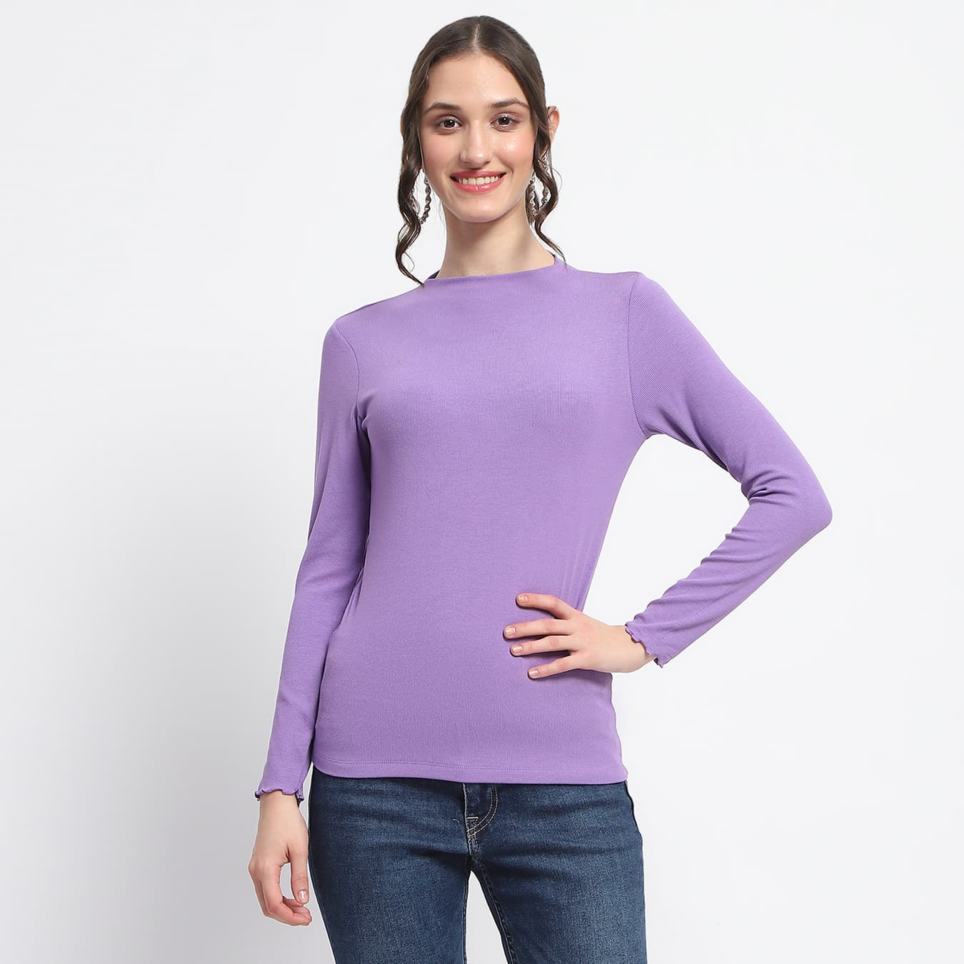 Women's Purple Casual High Neck Full Sleeve Solid Top