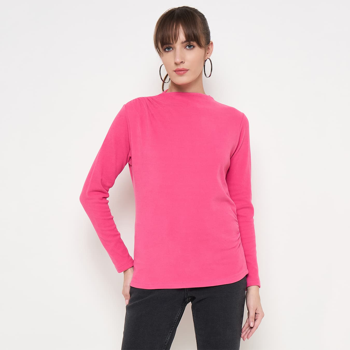 Women's Pink Casual Funnel Neck Full Sleeve Seam Detailed Solid Knitted Top