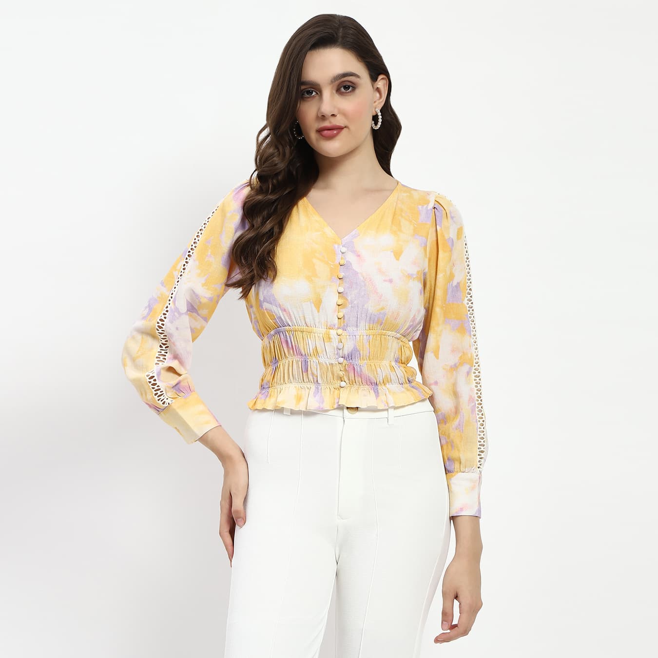 Women's Yellow Casual Abstract Print V-Neck Smocked Top