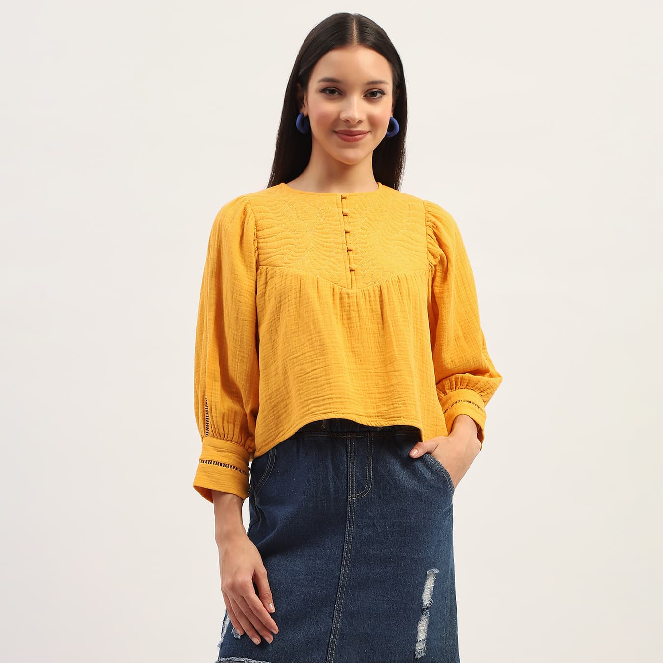 Women's Yellow Casual Bishop Sleeve Solid Top