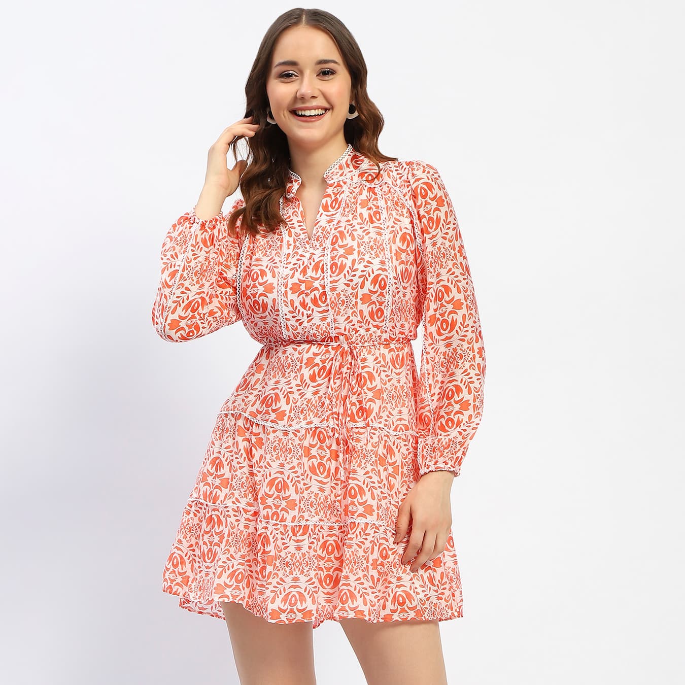 Women's Orange Casual Tiered Lace Detailed Mini Dress