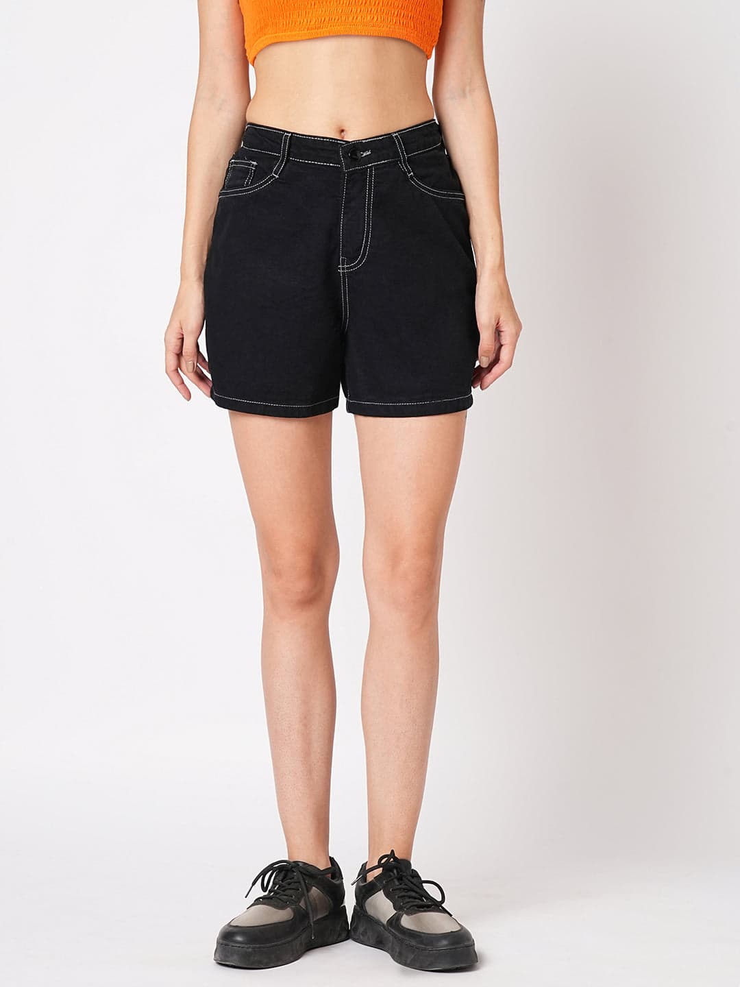 Women's Black Casual High Rise Slim Fit Shorts