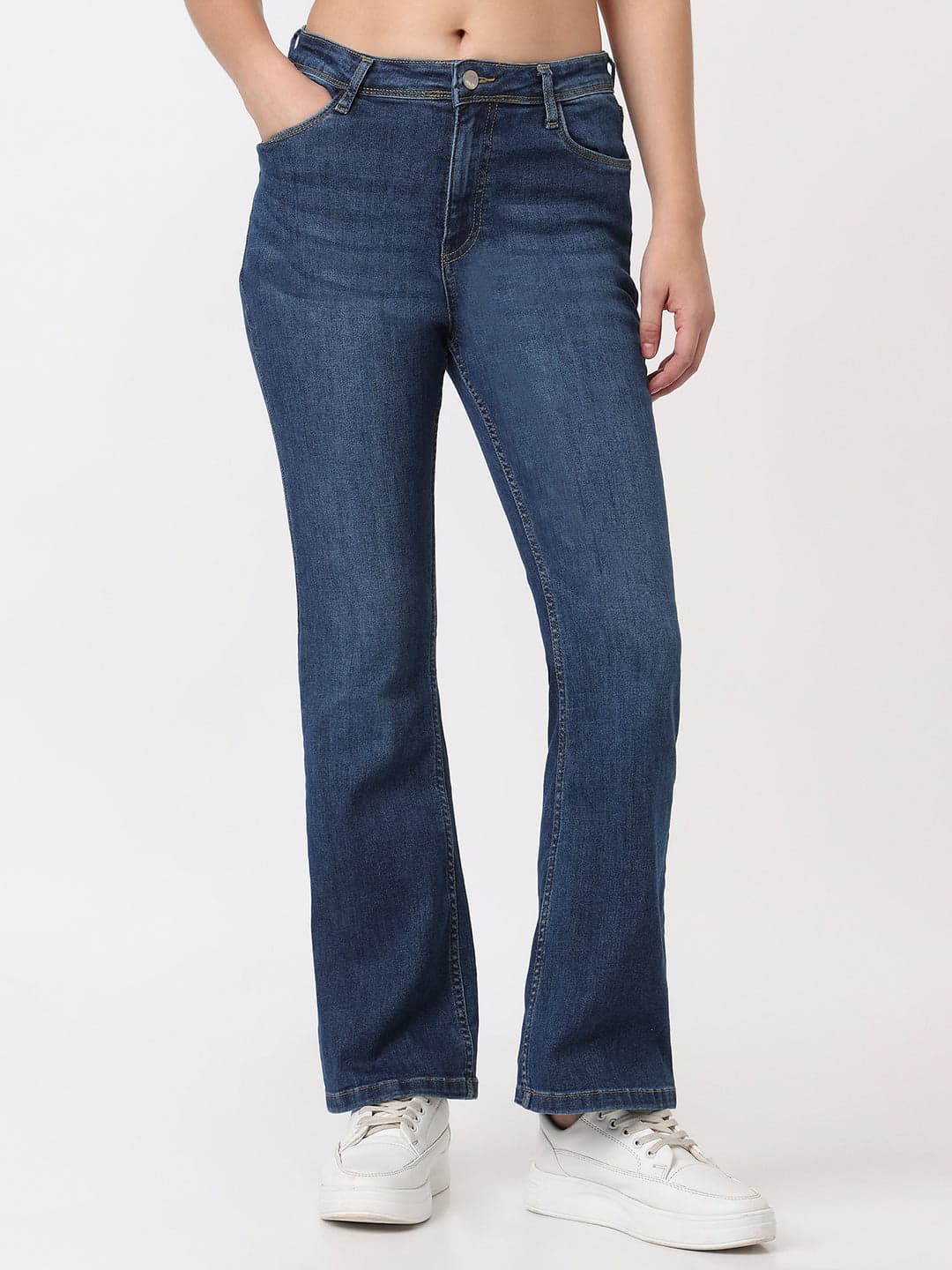 Women's Blue Casual High Rise Bootcut Fit Jeans
